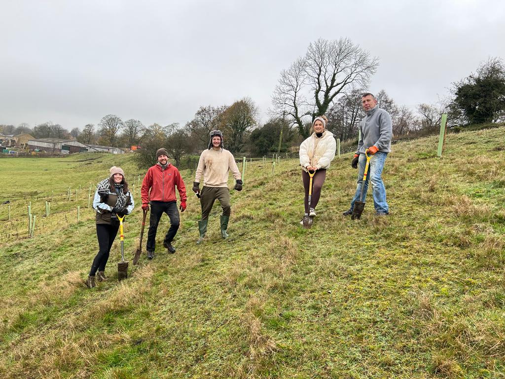 Image supporting the 'Embarking on a local tree planting initiative' news page. Image includes members of the Ethoss team taking part in tree planting.